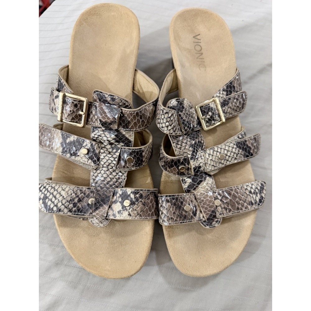 Vionic Radia Wedge Sandals Adjustable Triple Strap Snakeskin Slides Size 9